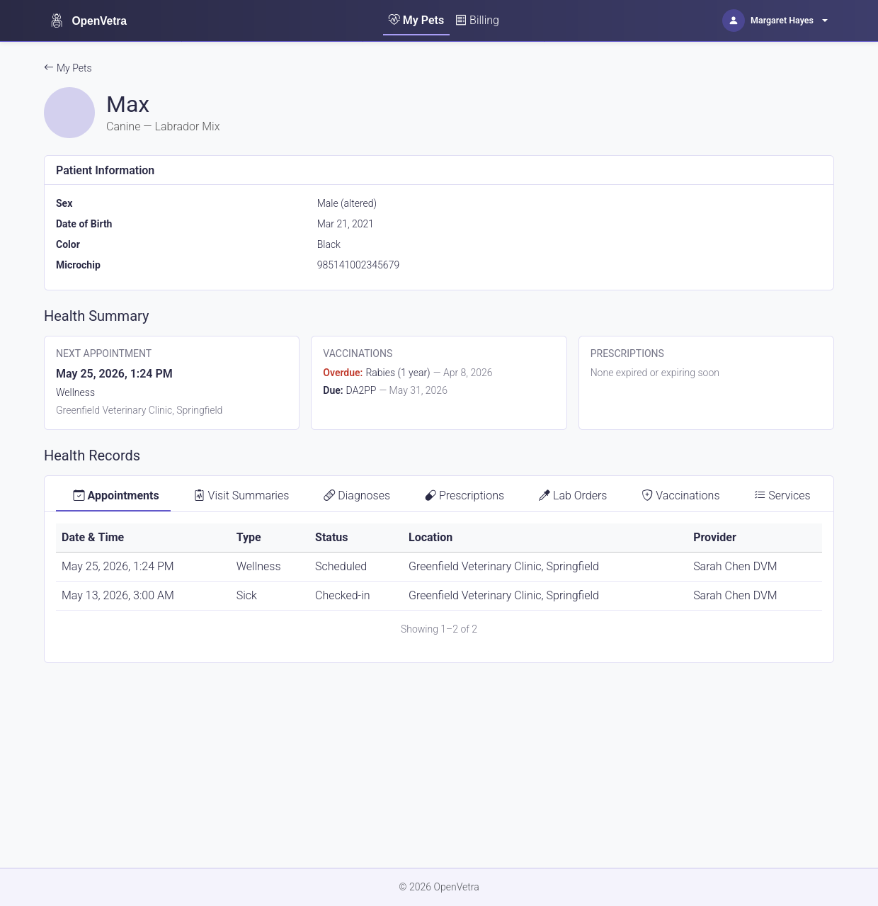 OpenVetra pet owner portal patient view